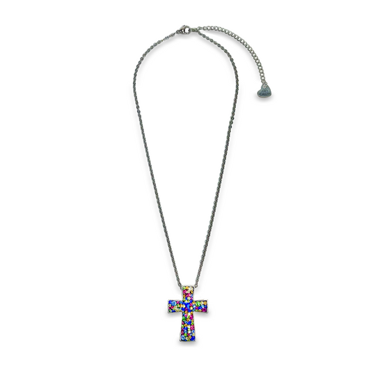 Rainbow Rhinestone Cross Necklace